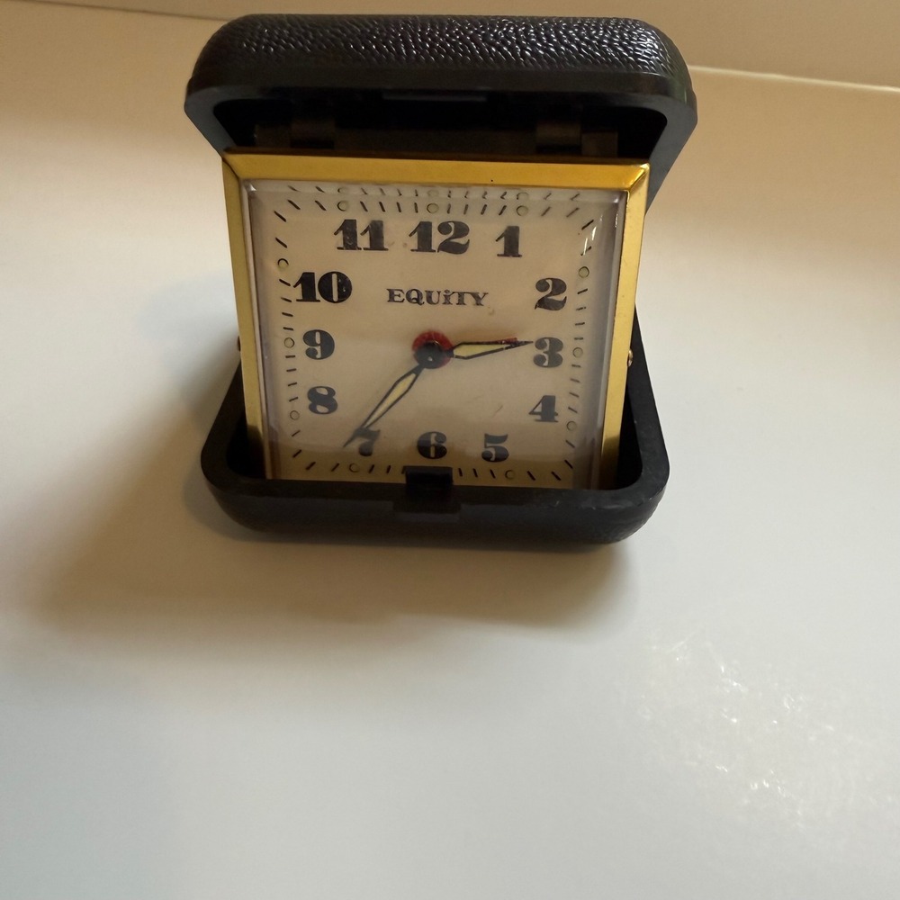 Equity Travel Alarm Clock OS Black Vintage Wind Up Mechanical‎ Clamshell Case